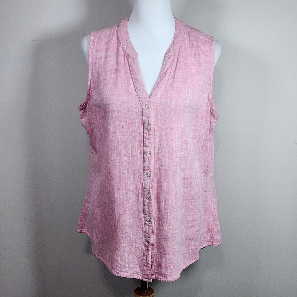 Linen Blend Sleeveless Shirt Womens Medium Pink Top Vacation Resort Tropical